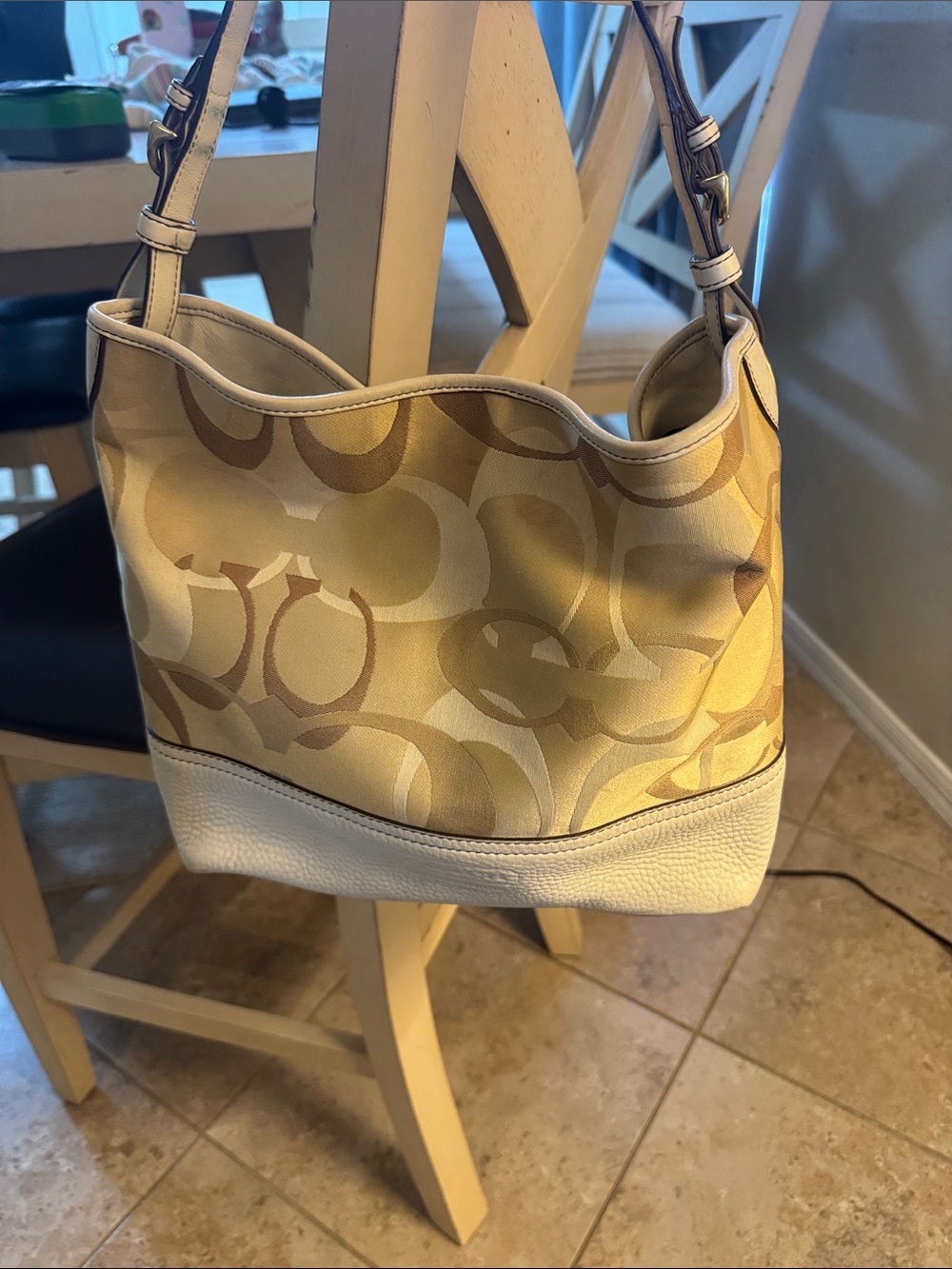 Coach Signature Shoulder Bag in Beige and White